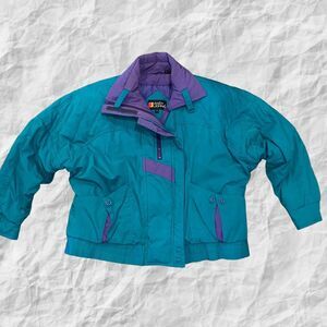 Andy Johns 80's Women's Puffy SKI Jacket Coat -Medium- Green Purple Trim‎ Retro